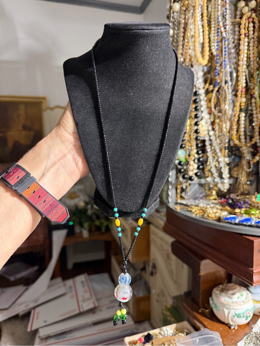 Black Beaded Pendant Necklace with Multicolor Accents